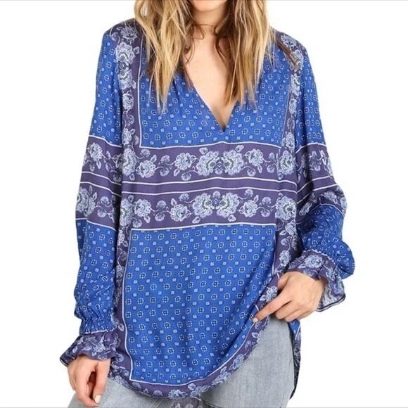 FREE PEOPLE Boho Blue & Purple Floral Tunic Blouse Top - Picture 4 of 16